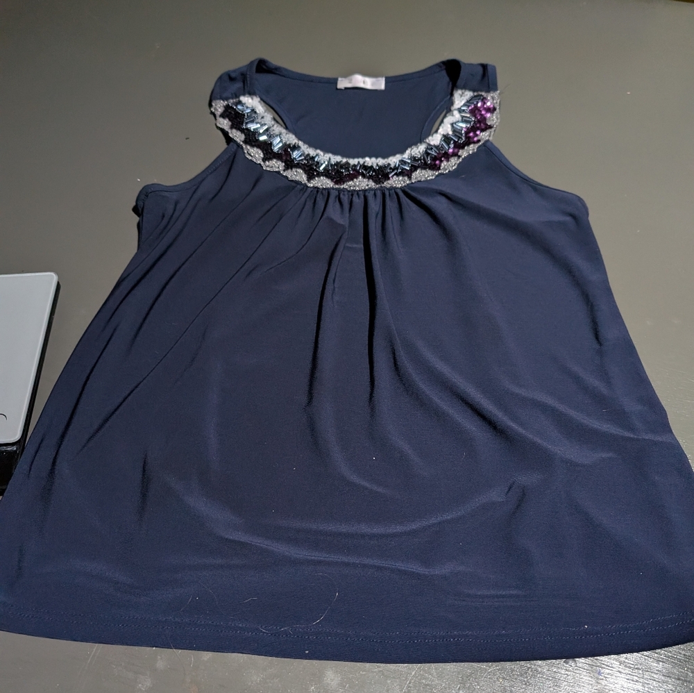 Navy Sleeveless Top with Embroidered Neckline Size Large